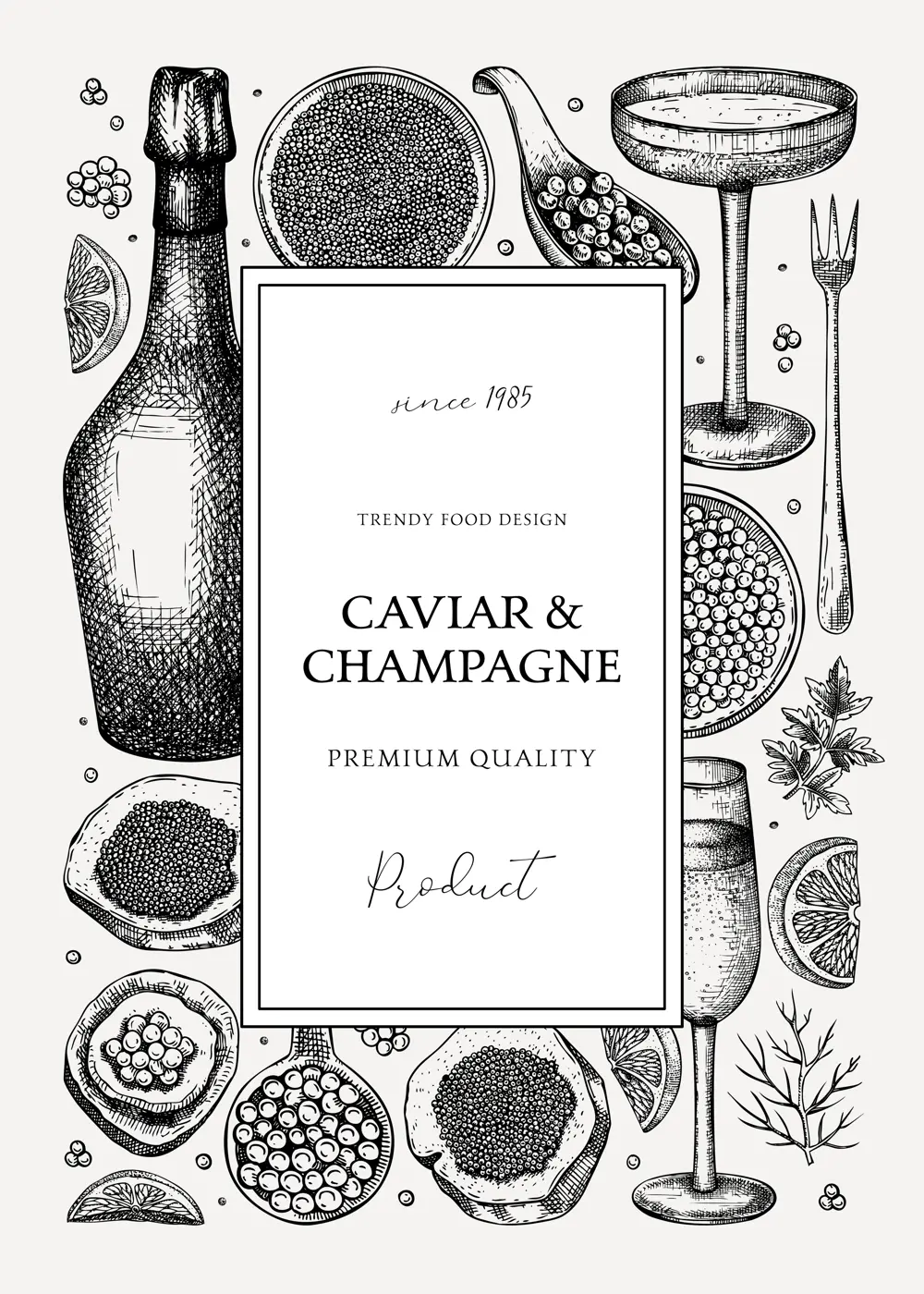 Caviar and champagne vintage illustration. Hand drawn frame with red caviar canape, canned black caviar, sparkling wine bottle, glasses sketches. Seafood background for menu, banner, label, prints. Illustration
